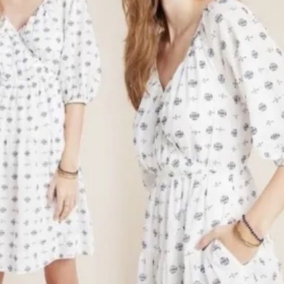 Anthropologie Marcie Surplice Embroidered Puff Sleeve V Neck Dress Small White - Picture 1 of 10